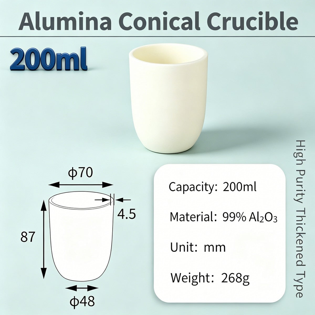 Alumina Conical Crucible – Lidless, 150–3500mL, Large Capacity