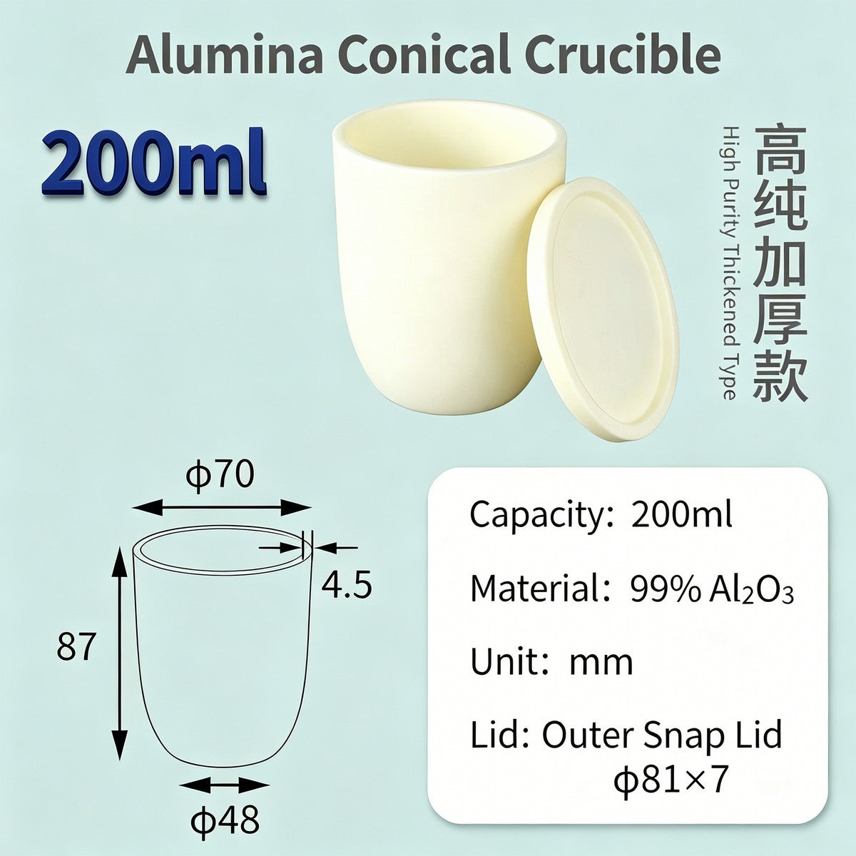 Alumina Conical Crucible – Lidded, 150–750mL, High Purity for Bulk Processing