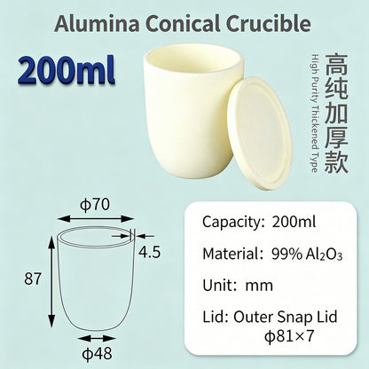 Alumina Conical Crucible – Lidded, 150–750mL, High Purity for Bulk Processing
