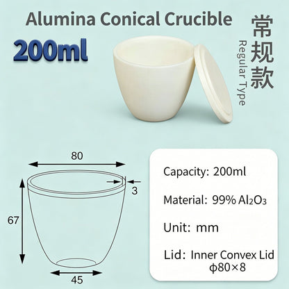 Alumina Conical Crucible – Lidded, 150–750mL, High Purity for Bulk Processing