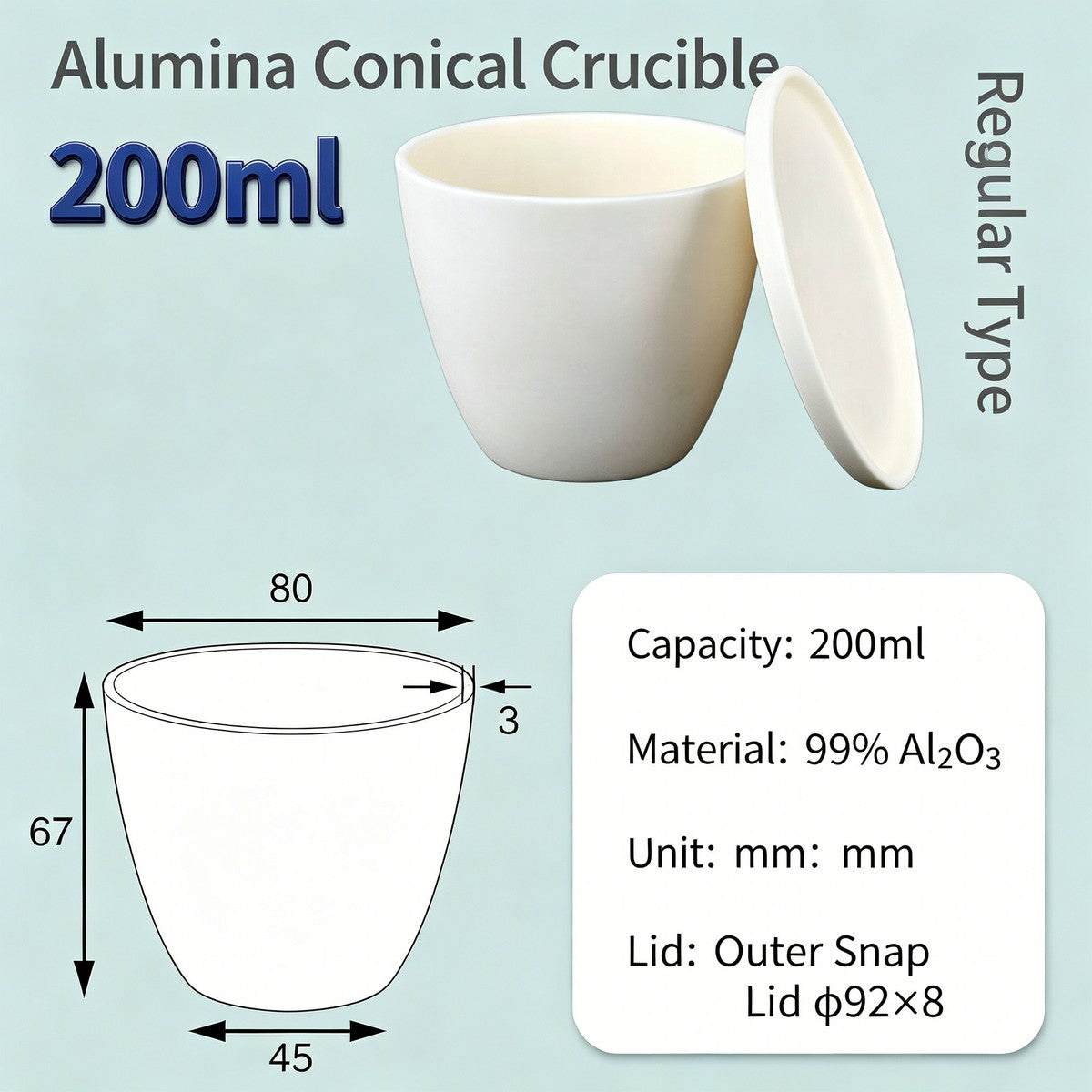 Alumina Conical Crucible – Lidded, 150–750mL, High Purity for Bulk Processing