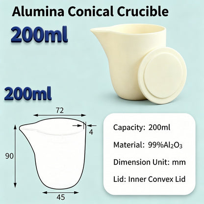 Alumina Conical Crucible – Lidded, 150–750mL, High Purity for Bulk Processing