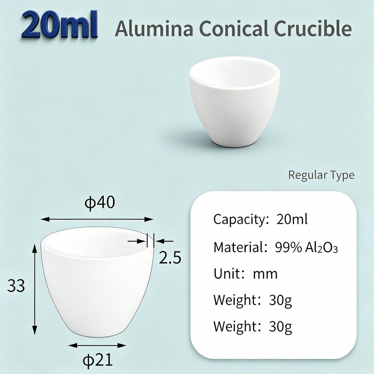 Alumina Conical Crucible – Lidless, 3–100mL, 99% High Purity