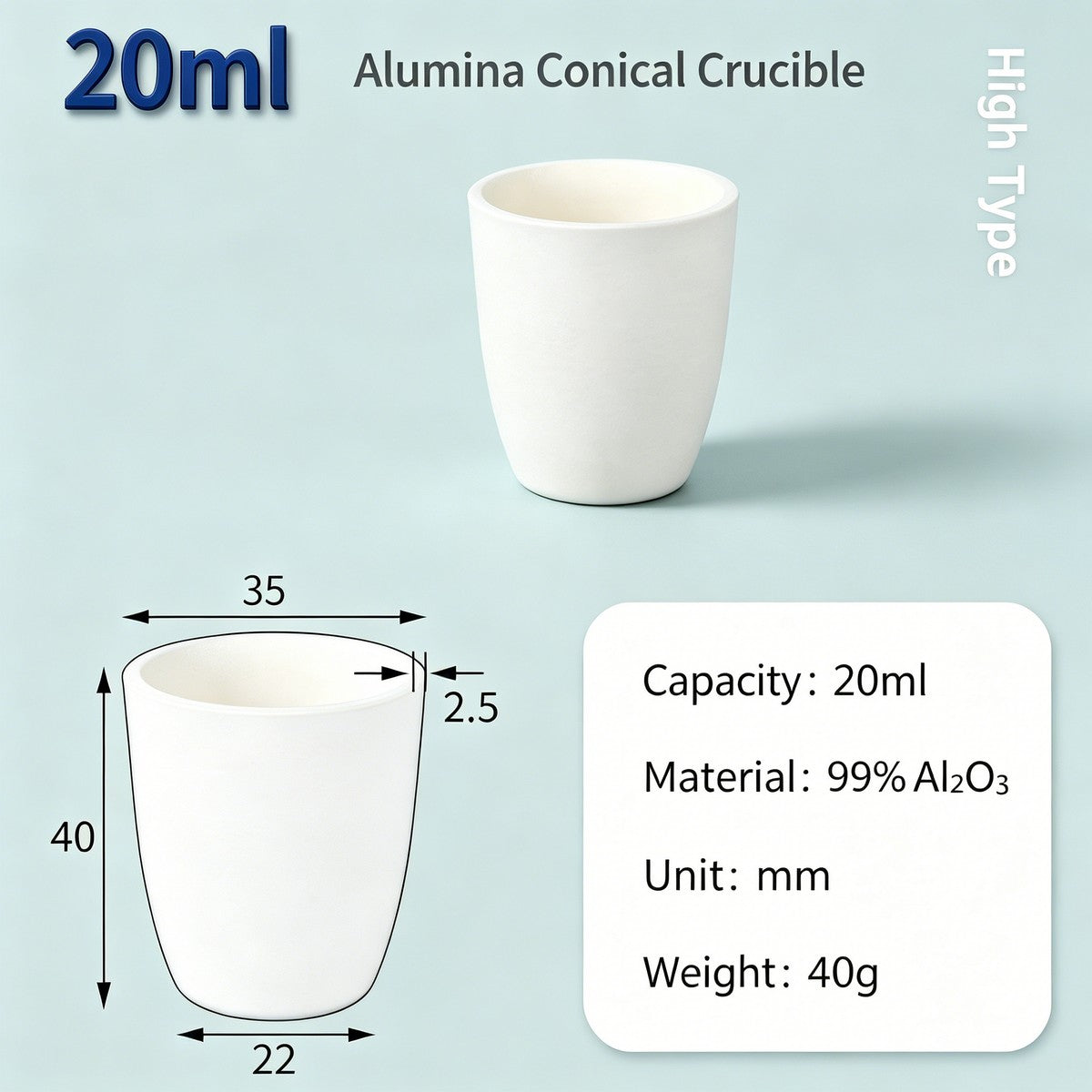 Alumina Conical Crucible – Lidless, 3–100mL, 99% High Purity