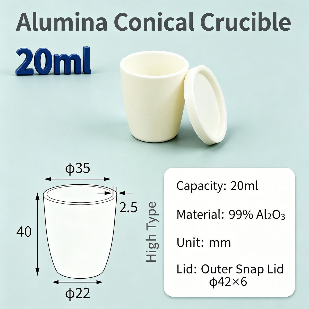 Alumina Conical Crucible – Lidded, 20–100mL, Regular, Short & High Purity