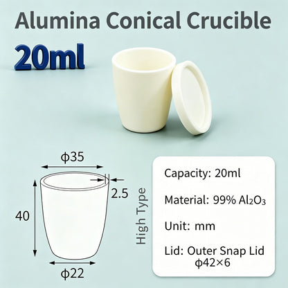 Alumina Conical Crucible – Lidded, 20–100mL, Regular, Short & High Purity