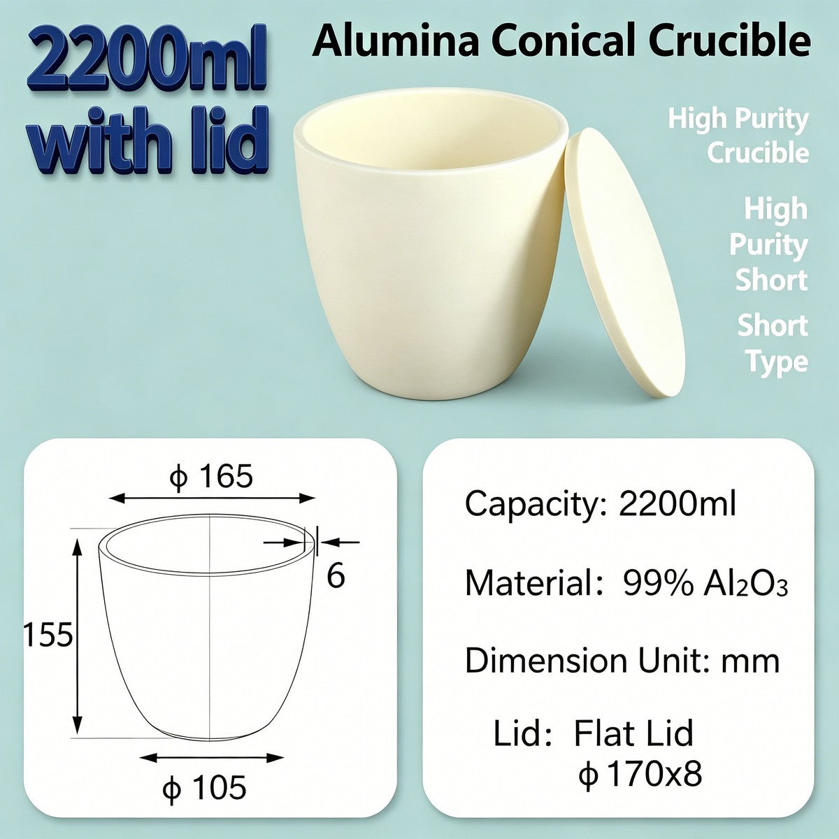 Alumina Conical Crucible – Lidded, 1000–3500mL, Extra-Large with Flat or Snap Lid