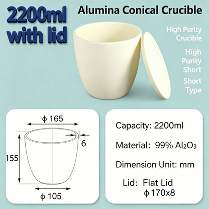 Alumina Conical Crucible – Lidded, 1000–3500mL, Extra-Large with Flat or Snap Lid
