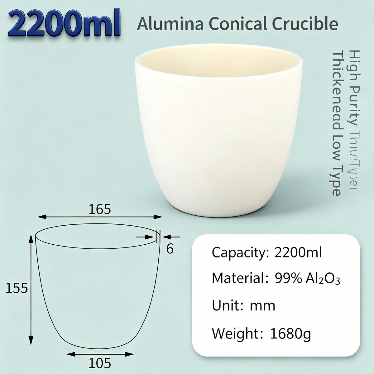 Alumina Conical Crucible – Lidless, 150–3500mL, Large Capacity