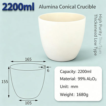 Alumina Conical Crucible – Lidless, 150–3500mL, Large Capacity