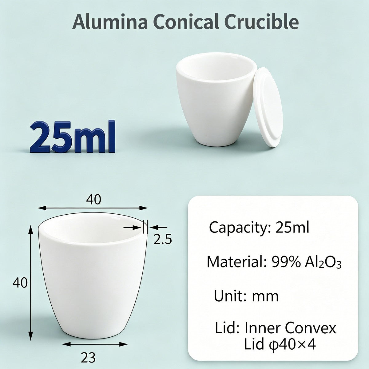 Alumina Conical Crucible – Lidded, 20–100mL, Regular, Short & High Purity