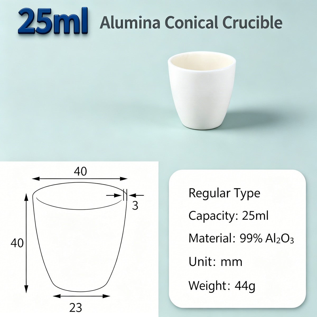 Alumina Conical Crucible – Lidless, 3–100mL, 99% High Purity