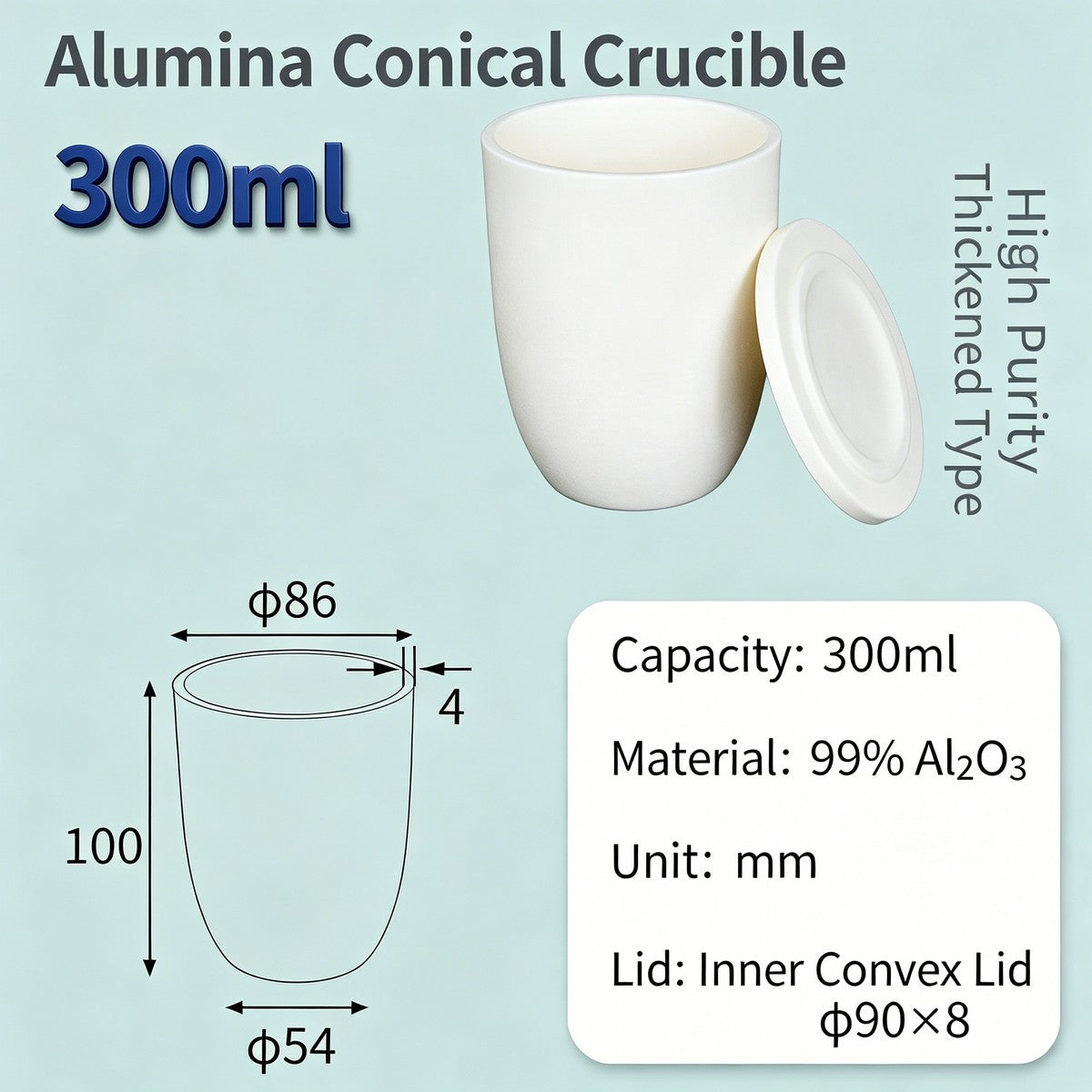 Alumina Conical Crucible – Lidded, 150–750mL, High Purity for Bulk Processing