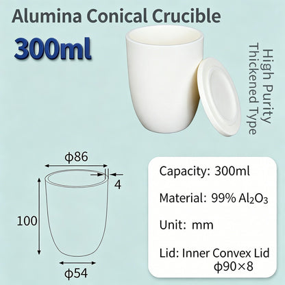 Alumina Conical Crucible – Lidded, 150–750mL, High Purity for Bulk Processing