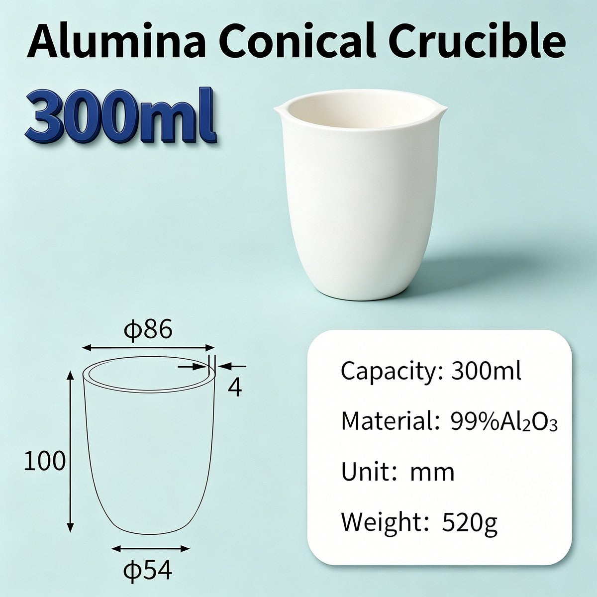 Alumina Conical Crucible – Lidless, 150–3500mL, Large Capacity