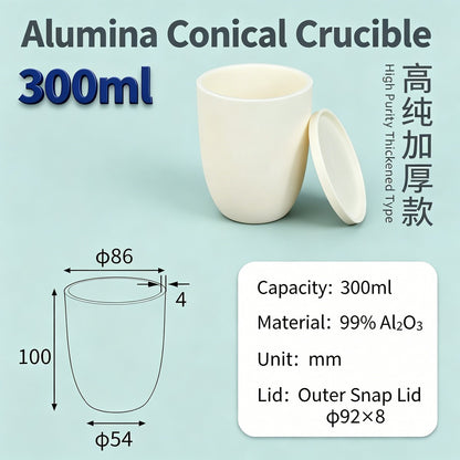 Alumina Conical Crucible – Lidded, 150–750mL, High Purity for Bulk Processing