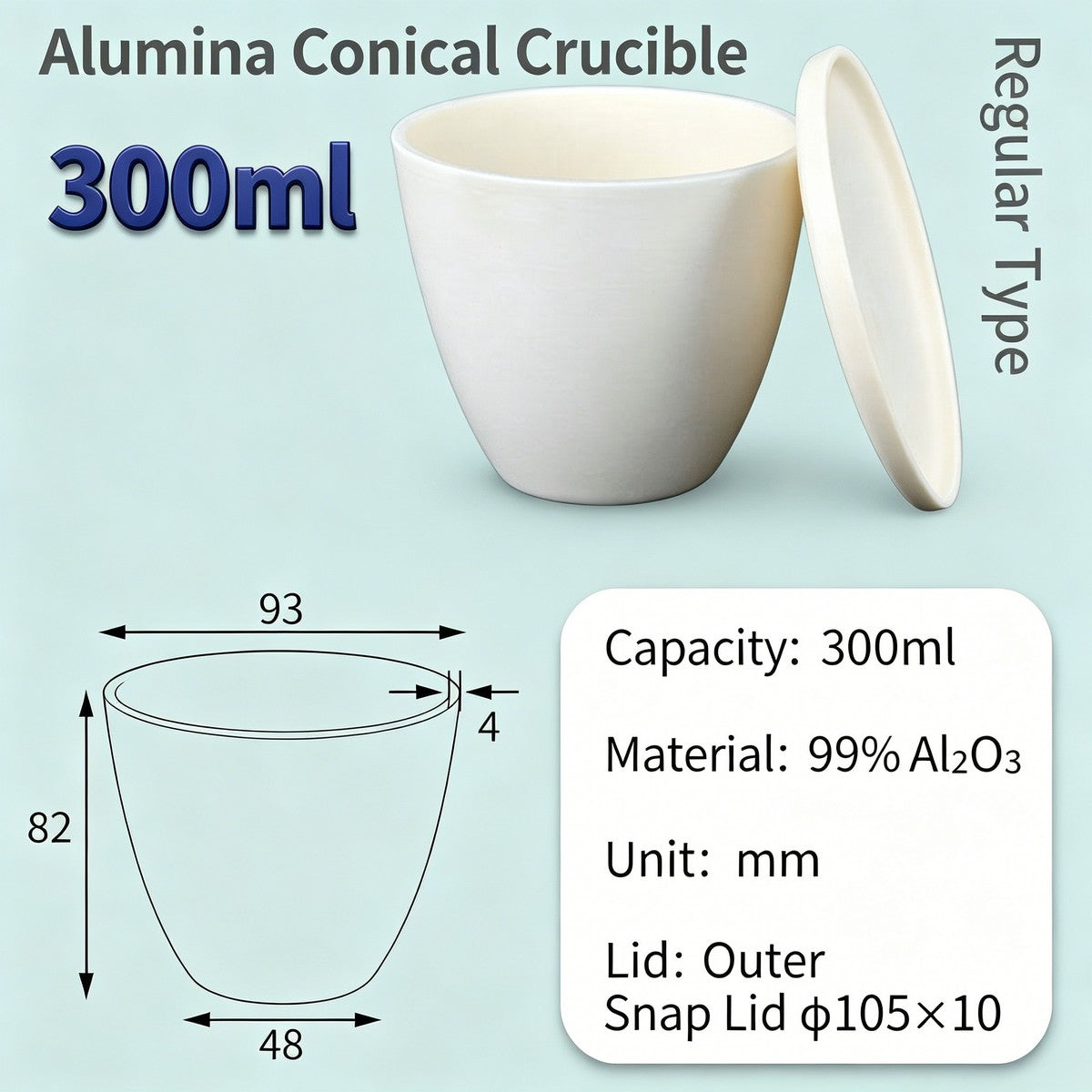 Alumina Conical Crucible – Lidded, 150–750mL, High Purity for Bulk Processing