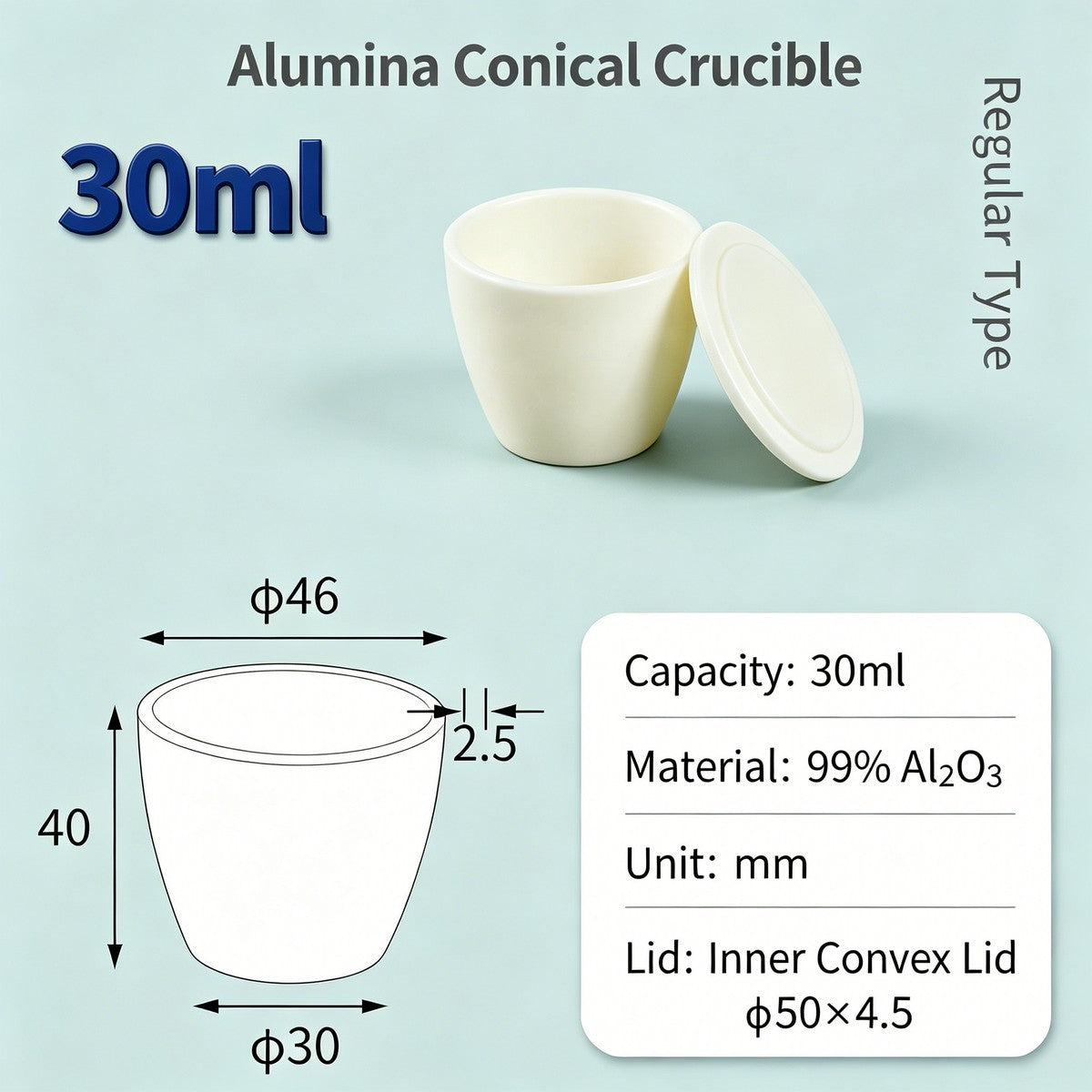 Alumina Conical Crucible – Lidded, 20–100mL, Regular, Short & High Purity
