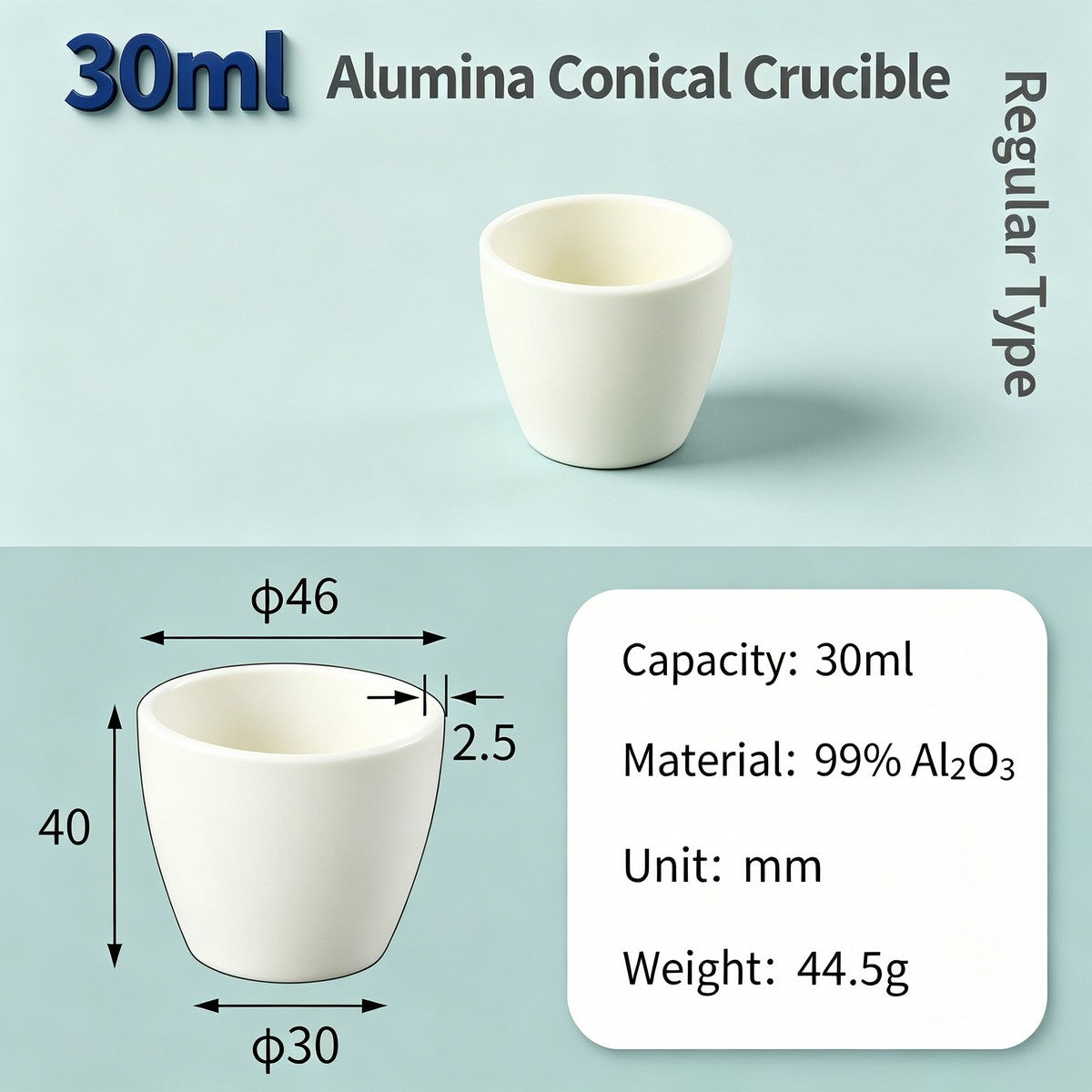 Alumina Conical Crucible – Lidless, 3–100mL, 99% High Purity