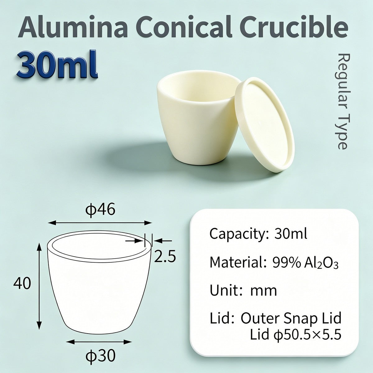 Alumina Conical Crucible – Lidded, 20–100mL, Regular, Short & High Purity