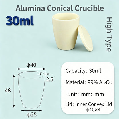 Alumina Conical Crucible – Lidded, 20–100mL, Regular, Short & High Purity