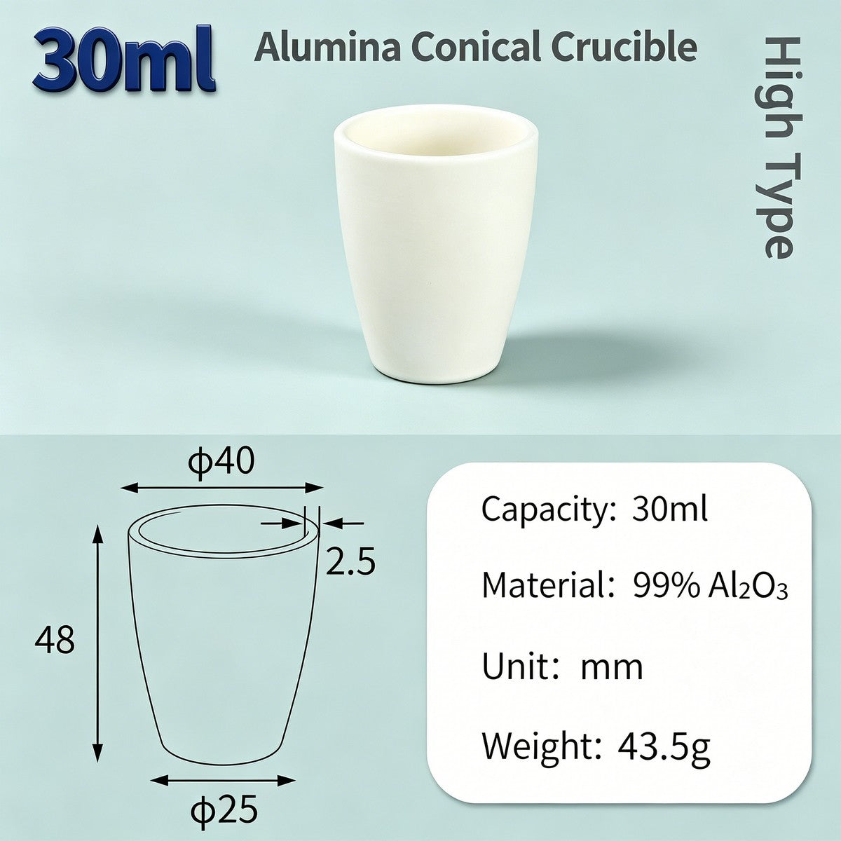 Alumina Conical Crucible – Lidless, 3–100mL, 99% High Purity