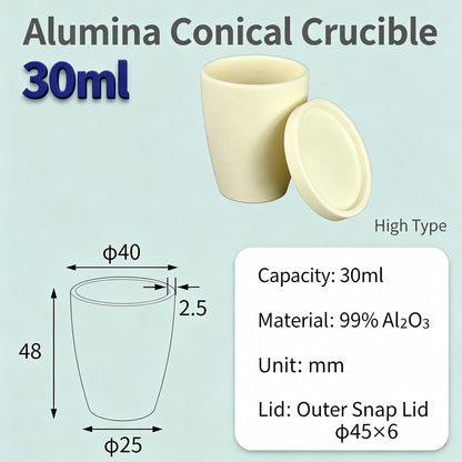 Alumina Conical Crucible – Lidded, 20–100mL, Regular, Short & High Purity
