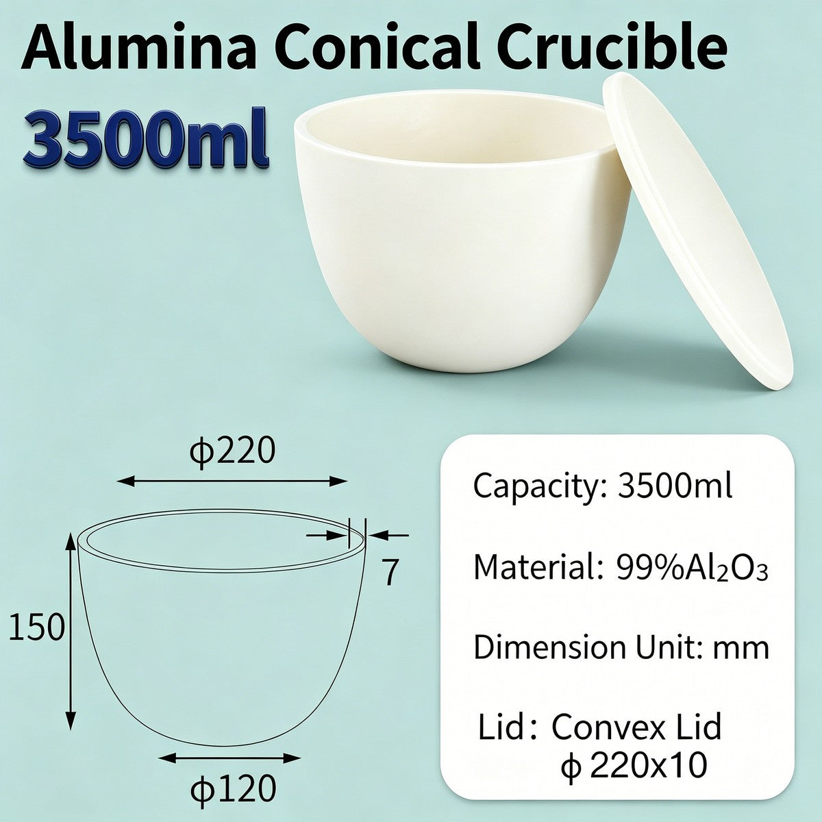 Alumina Conical Crucible – Lidded, 150–750mL, High Purity for Bulk Processing