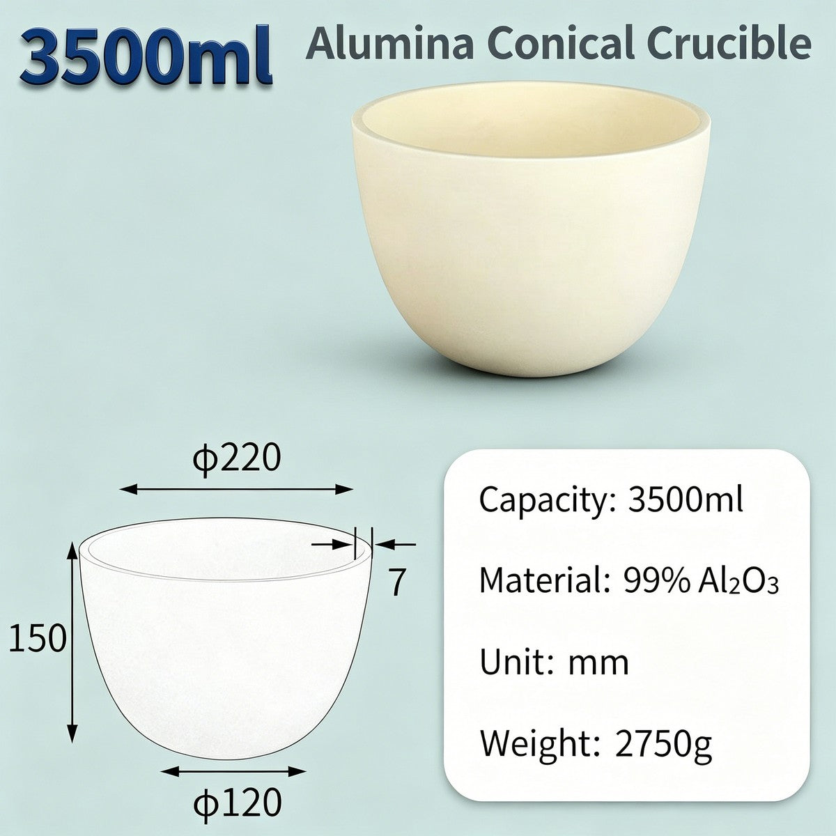 Alumina Conical Crucible – Lidless, 150–3500mL, Large Capacity
