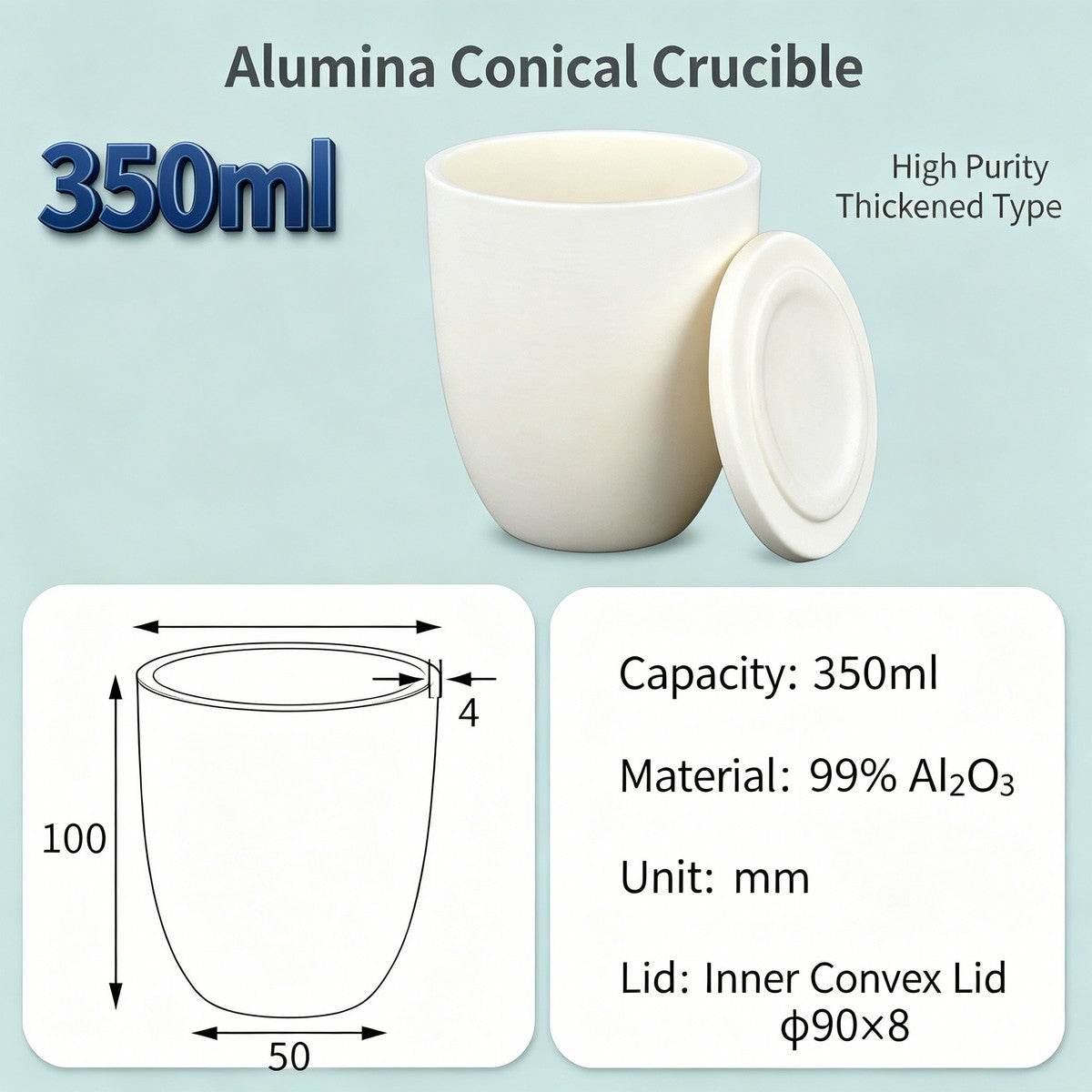 Alumina Conical Crucible – Lidded, 150–750mL, High Purity for Bulk Processing