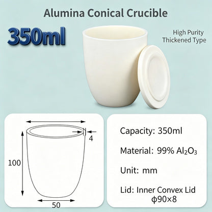 Alumina Conical Crucible – Lidded, 150–750mL, High Purity for Bulk Processing