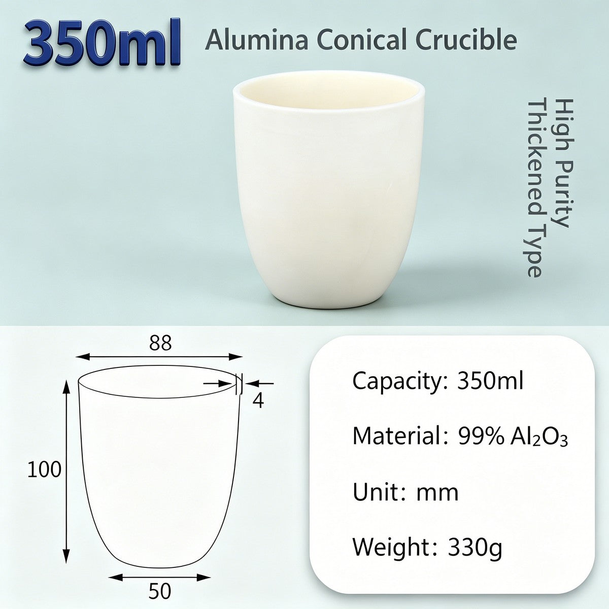 Alumina Conical Crucible – Lidless, 150–3500mL, Large Capacity