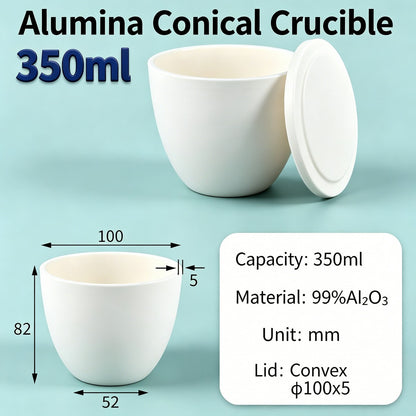Alumina Conical Crucible – Lidded, 150–750mL, High Purity for Bulk Processing