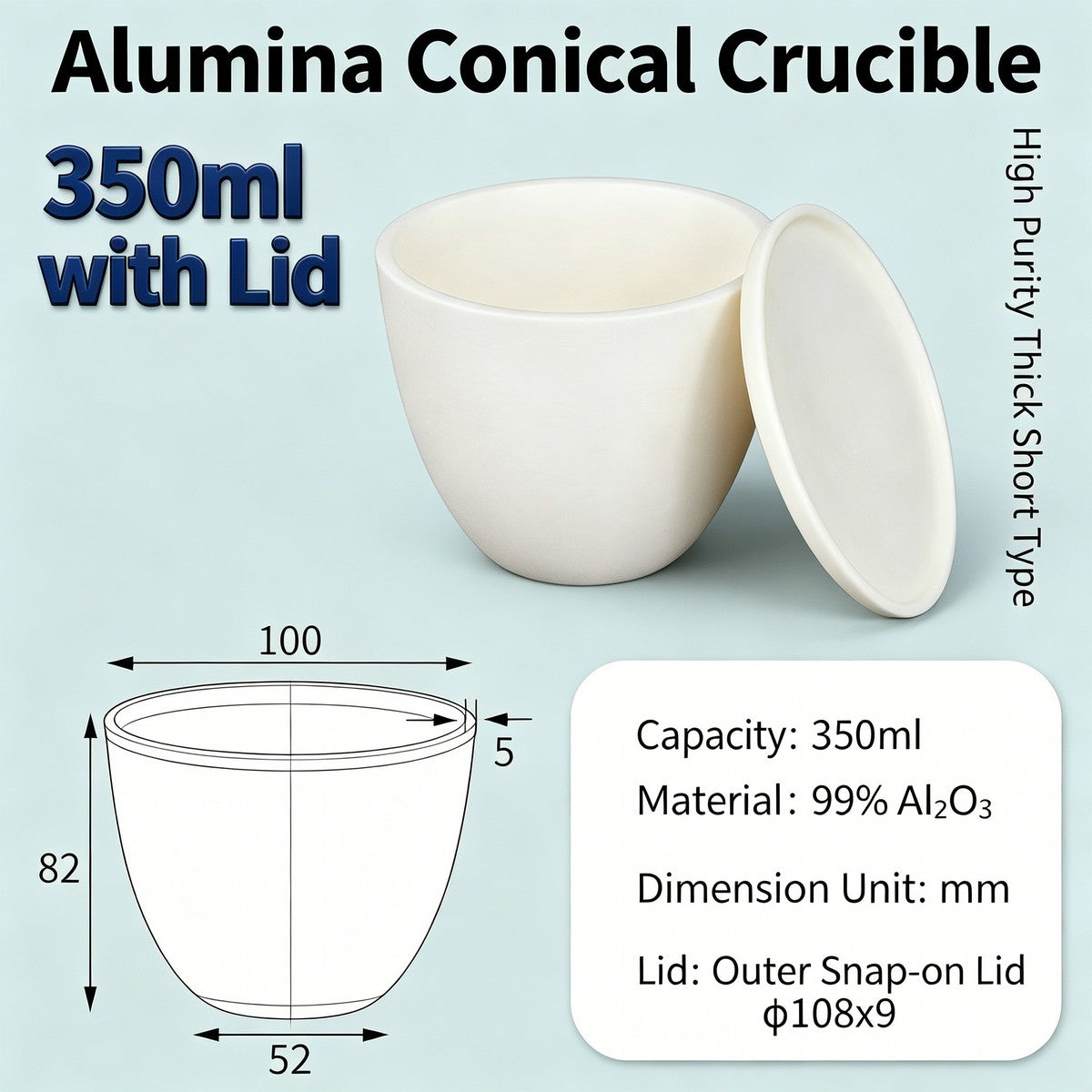 Alumina Conical Crucible – Lidded, 150–750mL, High Purity for Bulk Processing