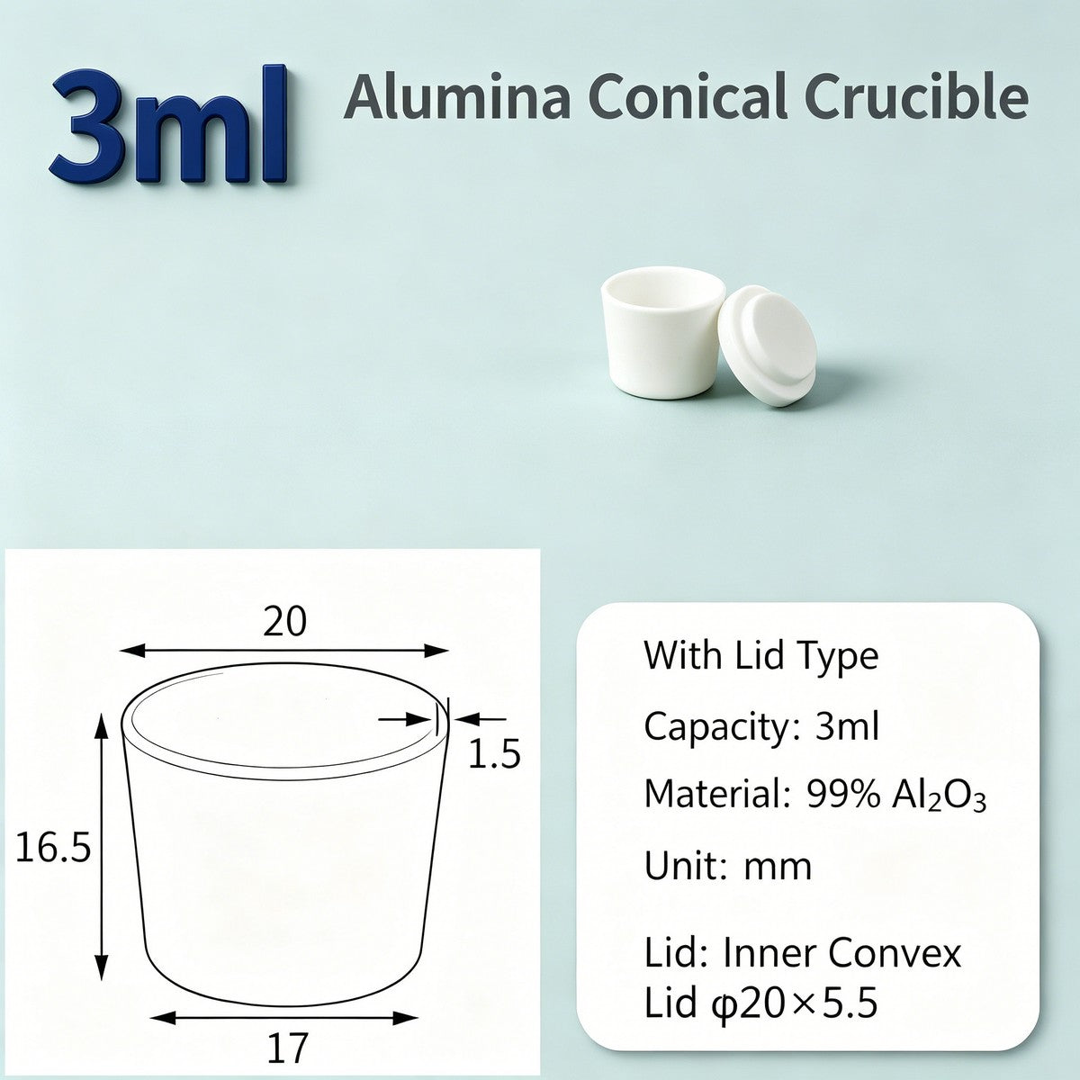 Alumina Conical Crucible – Lidded, 3–15mL, with Inner Convex or Outer Snap Lid