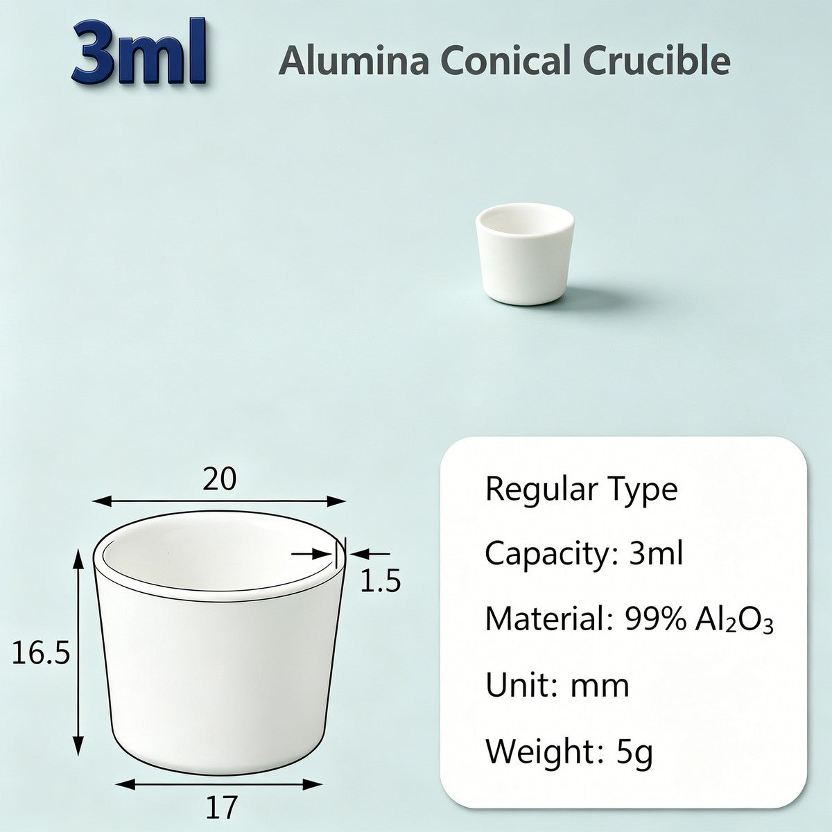 Alumina Conical Crucible – Lidless, 3–100mL, 99% High Purity