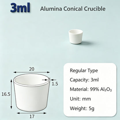 Alumina Conical Crucible – Lidless, 3–100mL, 99% High Purity