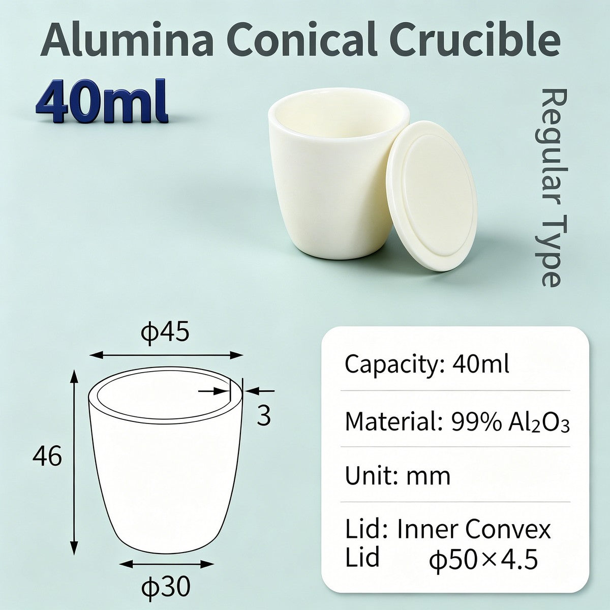 Alumina Conical Crucible – Lidded, 20–100mL, Regular, Short & High Purity