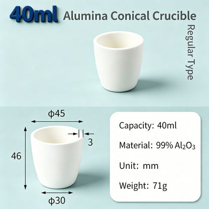 Alumina Conical Crucible – Lidless, 3–100mL, 99% High Purity