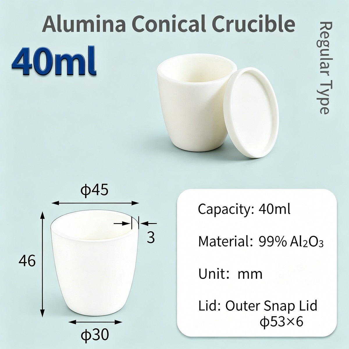Alumina Conical Crucible – Lidded, 20–100mL, Regular, Short & High Purity