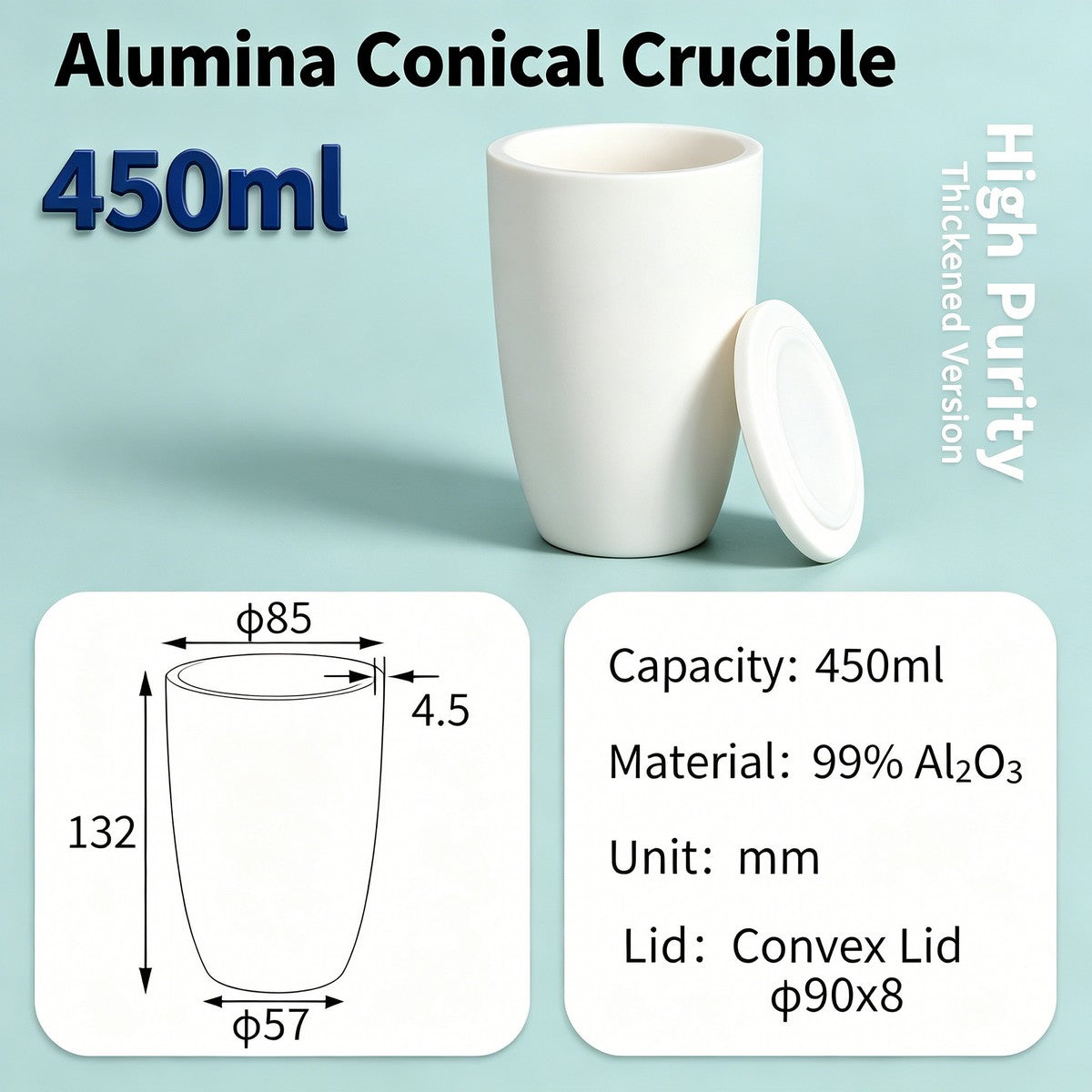 Alumina Conical Crucible – Lidded, 150–750mL, High Purity for Bulk Processing