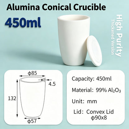 Alumina Conical Crucible – Lidded, 150–750mL, High Purity for Bulk Processing