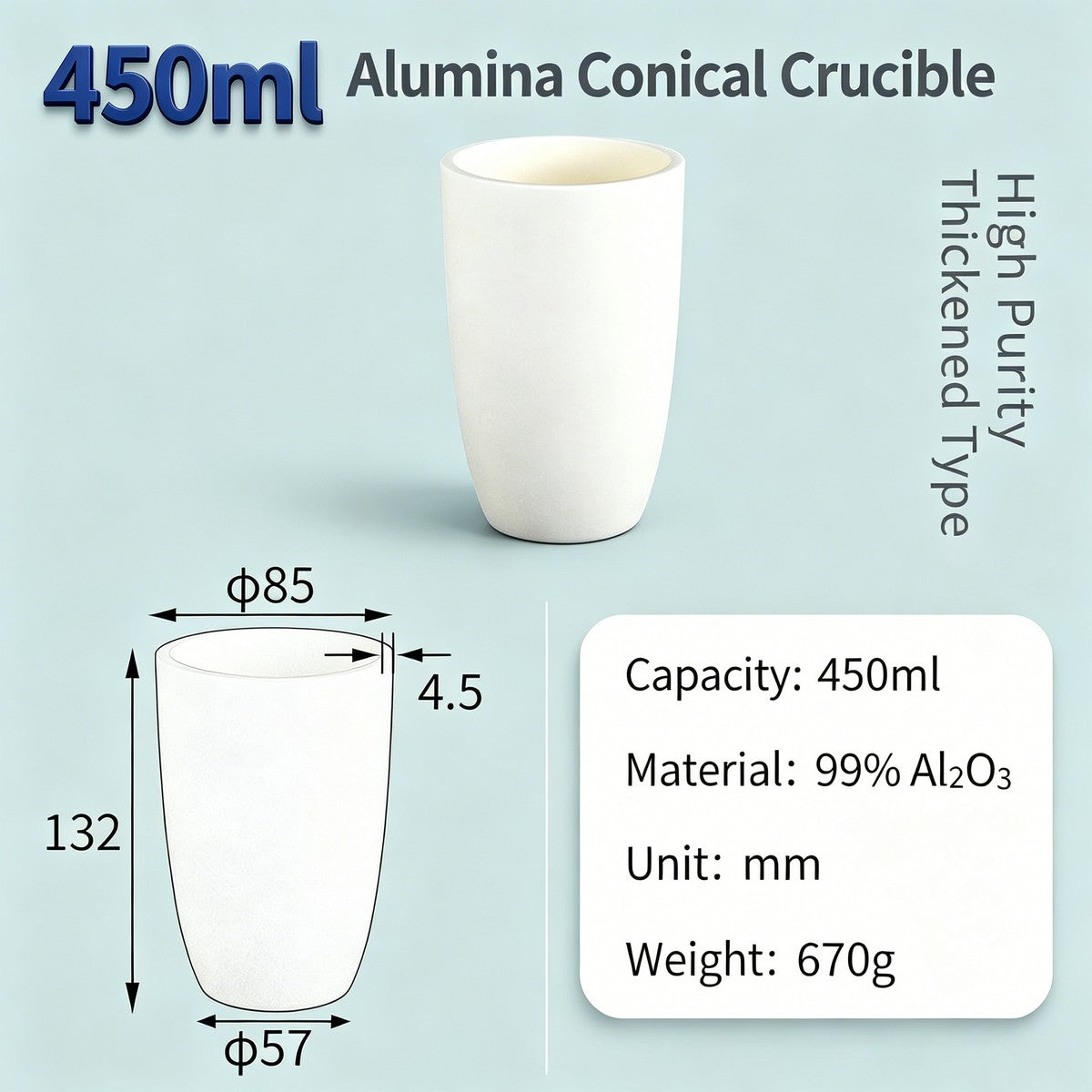 Alumina Conical Crucible – Lidless, 150–3500mL, Large Capacity