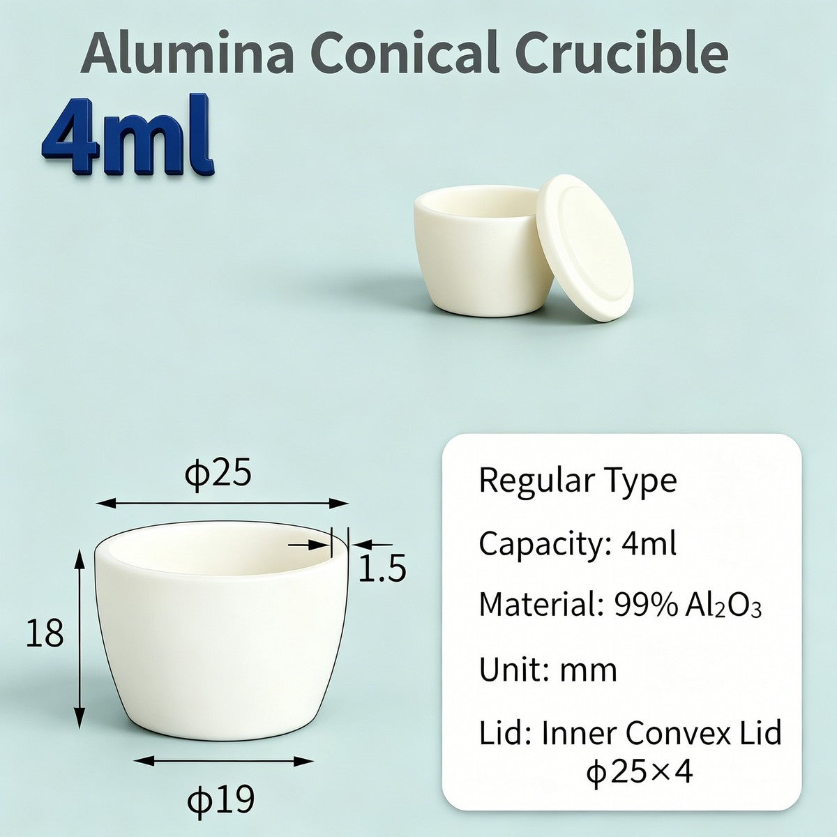 Alumina Conical Crucible – Lidded, 3–15mL, with Inner Convex or Outer Snap Lid