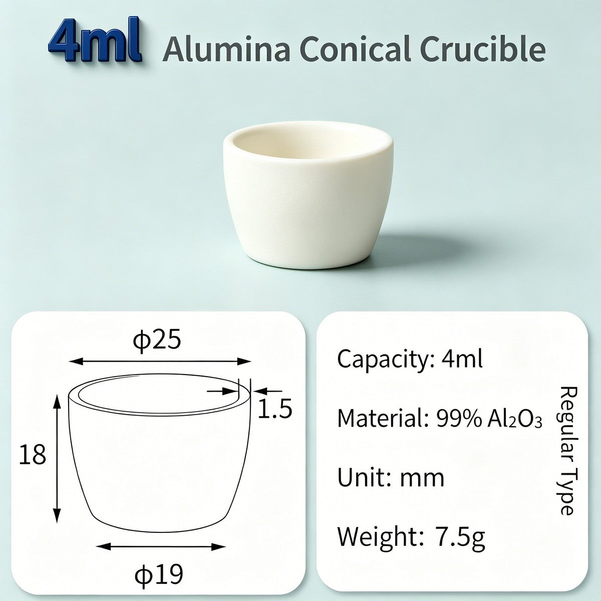 Alumina Conical Crucible – Lidless, 3–100mL, 99% High Purity