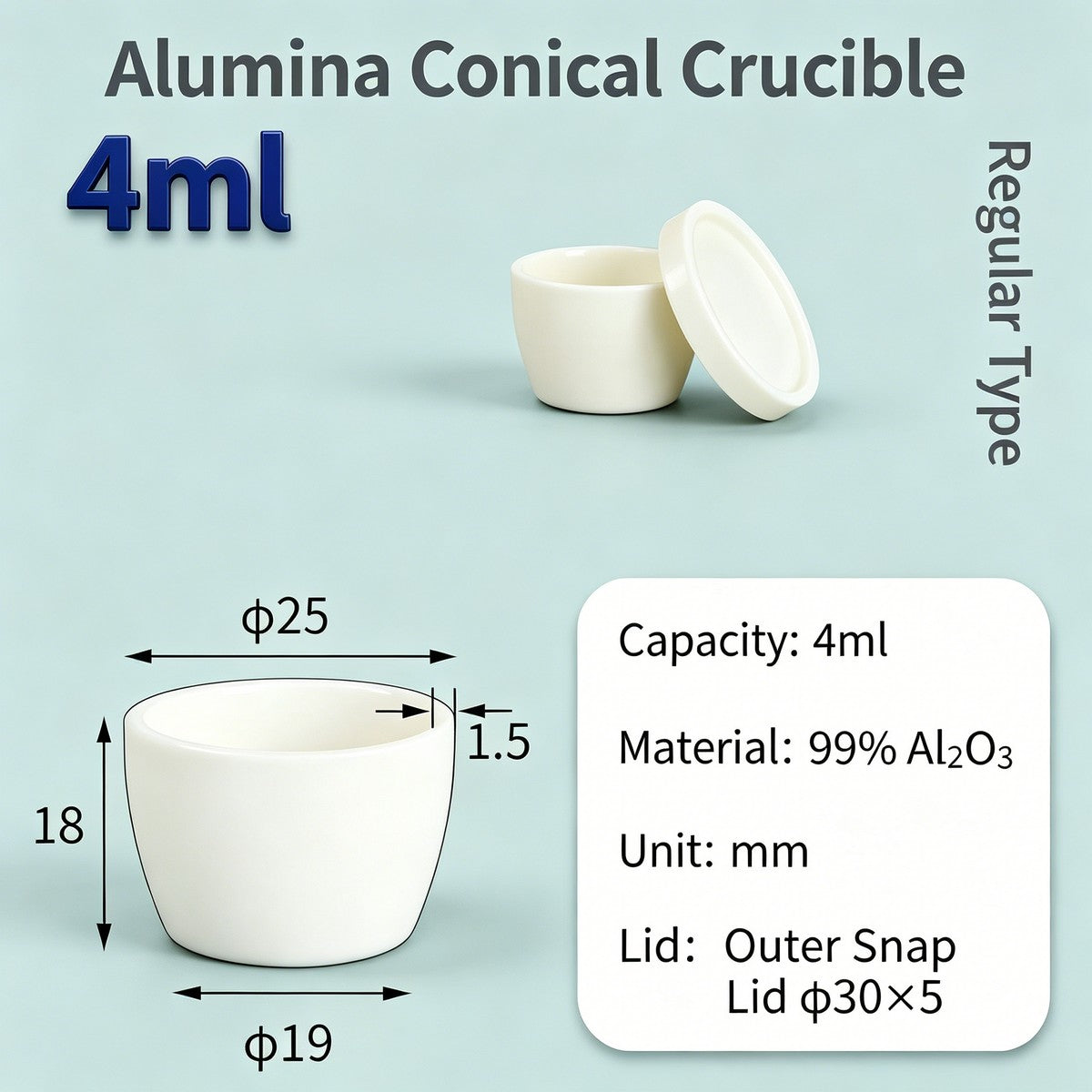 Alumina Conical Crucible – Lidded, 3–15mL, with Inner Convex or Outer Snap Lid