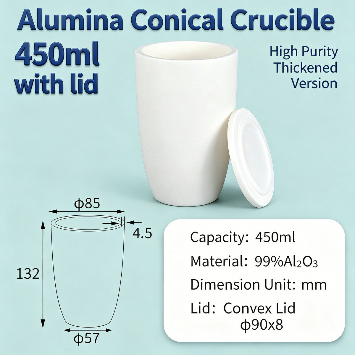 Alumina Conical Crucible – Lidded, 150–750mL, High Purity for Bulk Processing