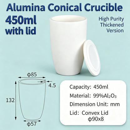Alumina Conical Crucible – Lidded, 150–750mL, High Purity for Bulk Processing