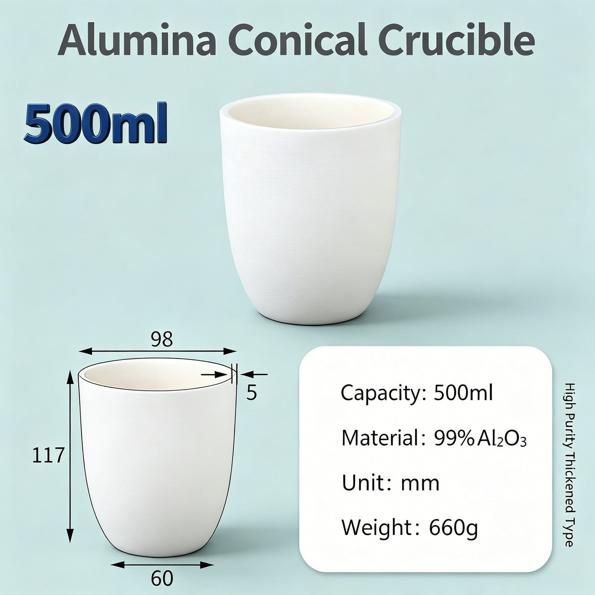 Alumina Conical Crucible – Lidless, 150–3500mL, Large Capacity