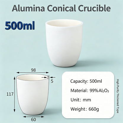 Alumina Conical Crucible – Lidless, 150–3500mL, Large Capacity